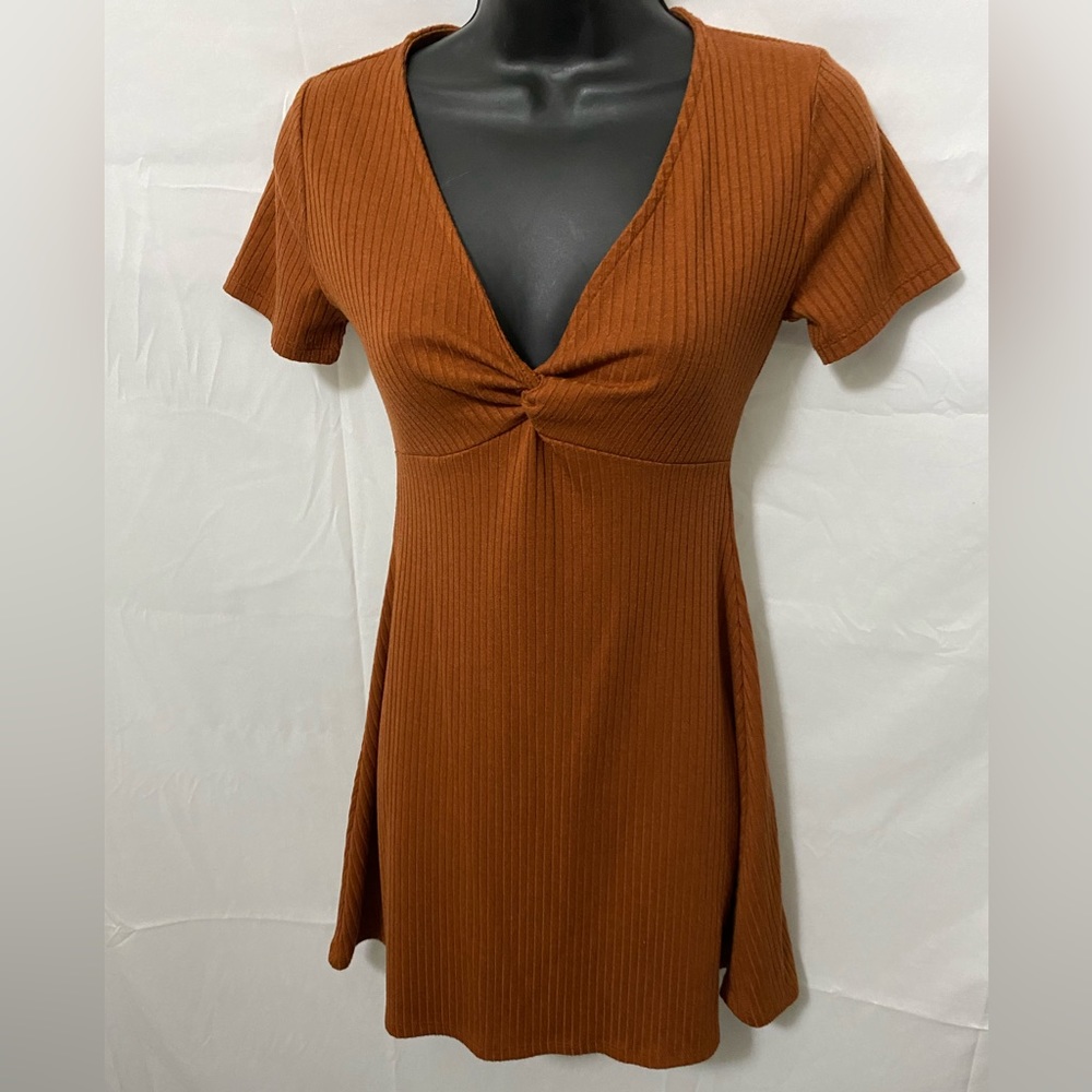 Forever 21 Dress Small Autumn Brown Amber Pumpkin Short V Neck